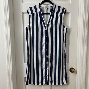 Chloe + Rene Linene Blend Shirt Dress L Striped Sleeveless Nautical Coastal Chic